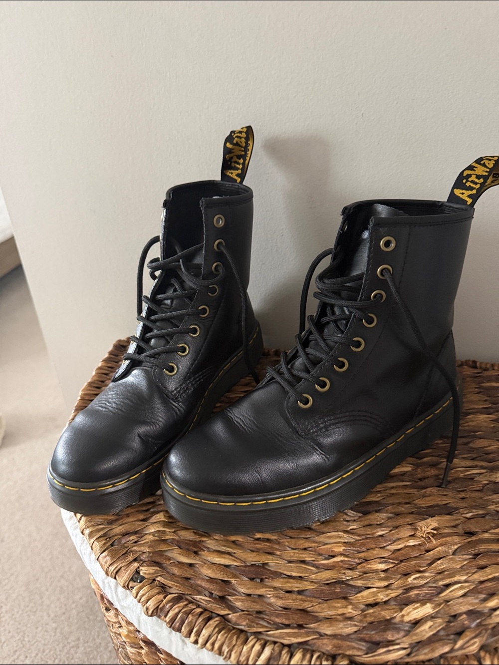 Dr. Martens Black Leather Lace-Up Platform Boots with Yellow Stitching